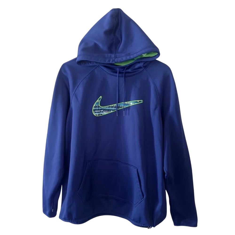 Nike ThermaFit Hoodie XL Blue Green Swoosh Pullover Sweatshirt Athletic Training